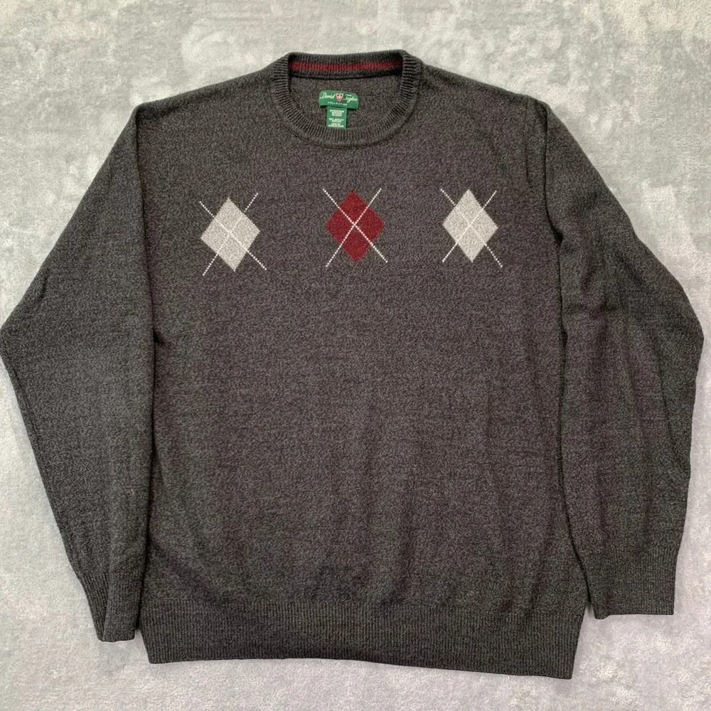 Retro Argyle Knit Sweater Gray Red Diamond Pattern Preppy Golfcore Pullover XL